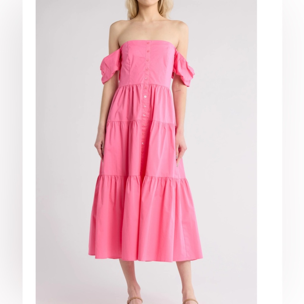 STAUD Elio Button Down Off the Shoulder Midi Dress in PINK PLUMERIA Size 0 NWT